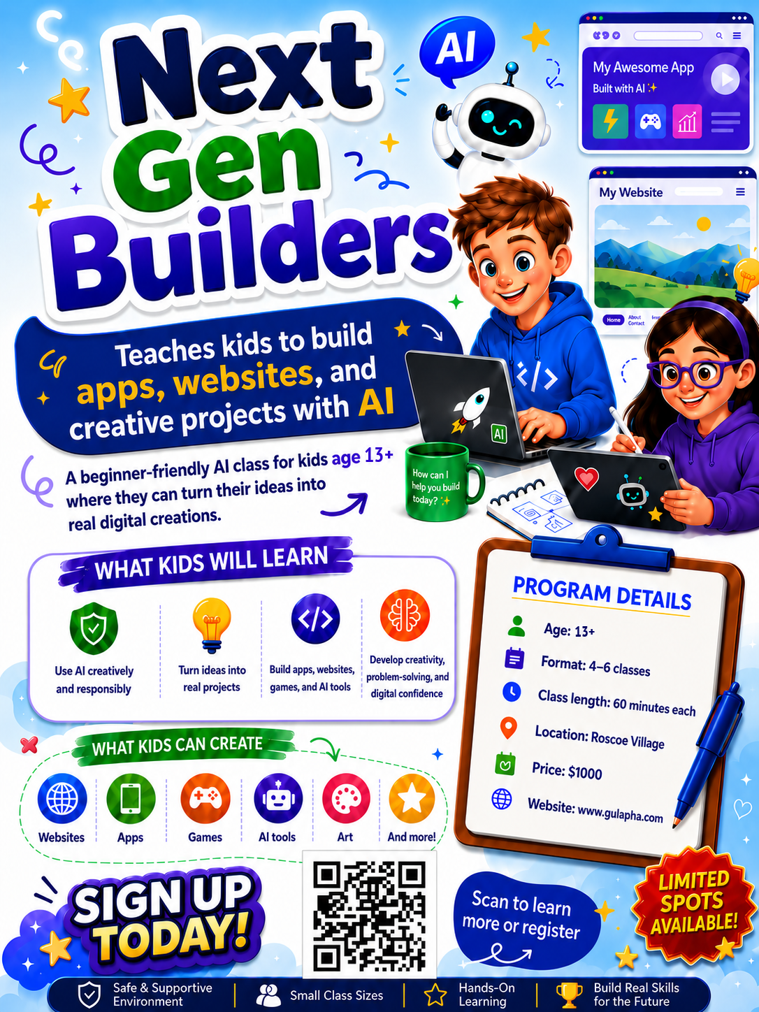 Next Gen Builders flyer for a student age 13+ AI workshop with class details